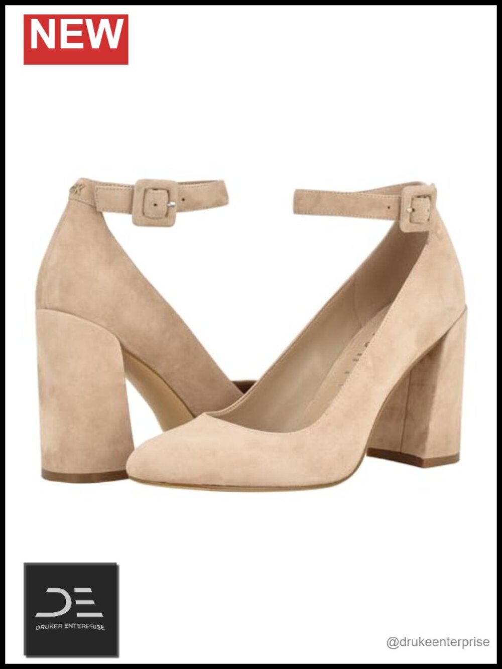 Almond Toe Suede Block Heel Pump with Adjustable Ankle Strap